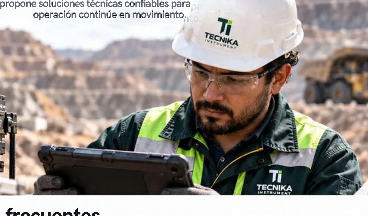 Técnico con tablet junto a un equipo de campo en mina